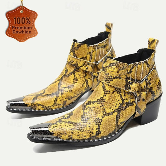 Men's Yellow Snakeskin Leather Motorcycle Boots-Western Style Pointed Toe Ankle Boots