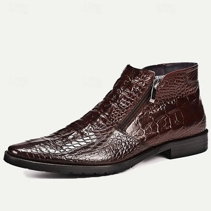 Men's Brown Crocodile Pattern Leather Ankle Boots - Premium Cowhide Zipper Dress Shoes