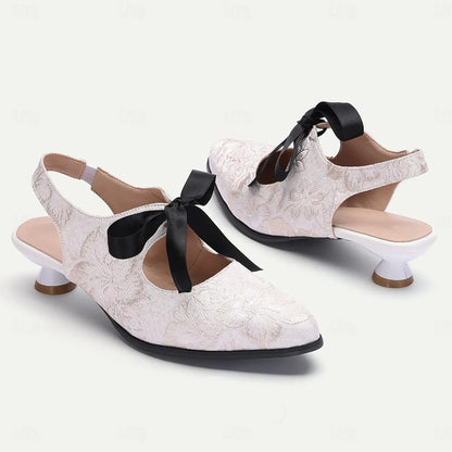 Women's White Lace Slingback Heels with Black Bow - Elegant Vintage Low Heel Pumps - Tokiyos