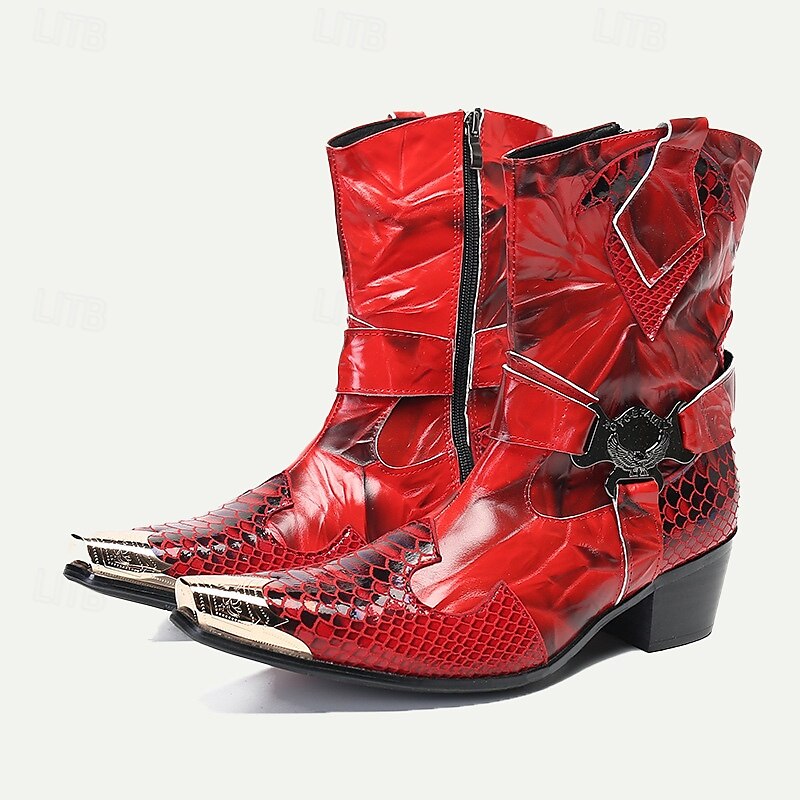 Men's Red Premium Cowhide Motorcycle Boots with Snake Pattern, Metal Toe Cap, and Western Style - Perfect for Riding and Outdoor Adventures