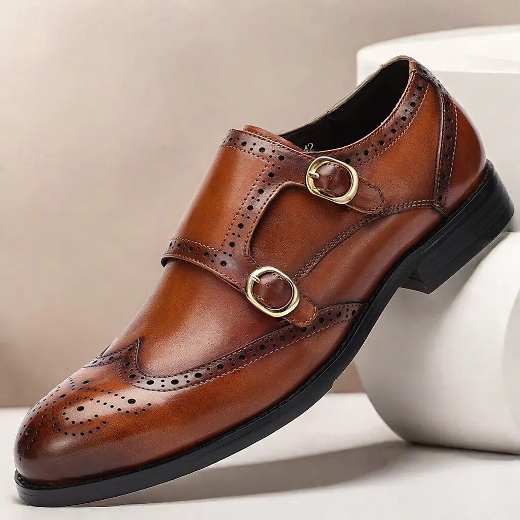 Men's Brown Double Monk Strap Shoes with Brogue Detailing - Premium Cowhide Leather Formal Dress Shoes