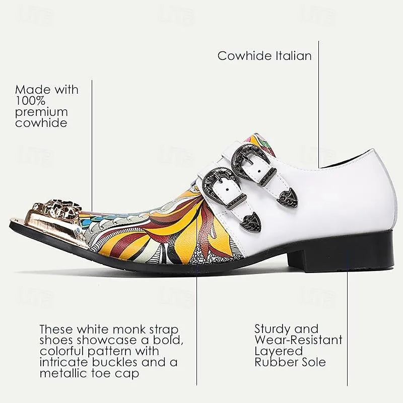 Men's White Monk Strap Shoes Colorful Artistic Print Lion Head Buckles - Tokiyos