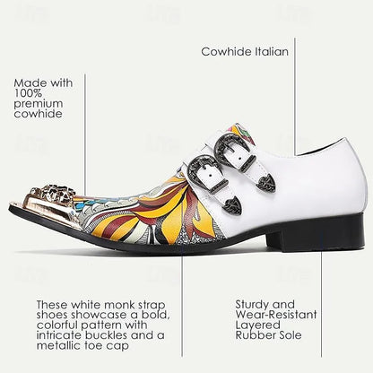 Men's White Monk Strap Shoes Colorful Artistic Print Lion Head Buckles - Tokiyos