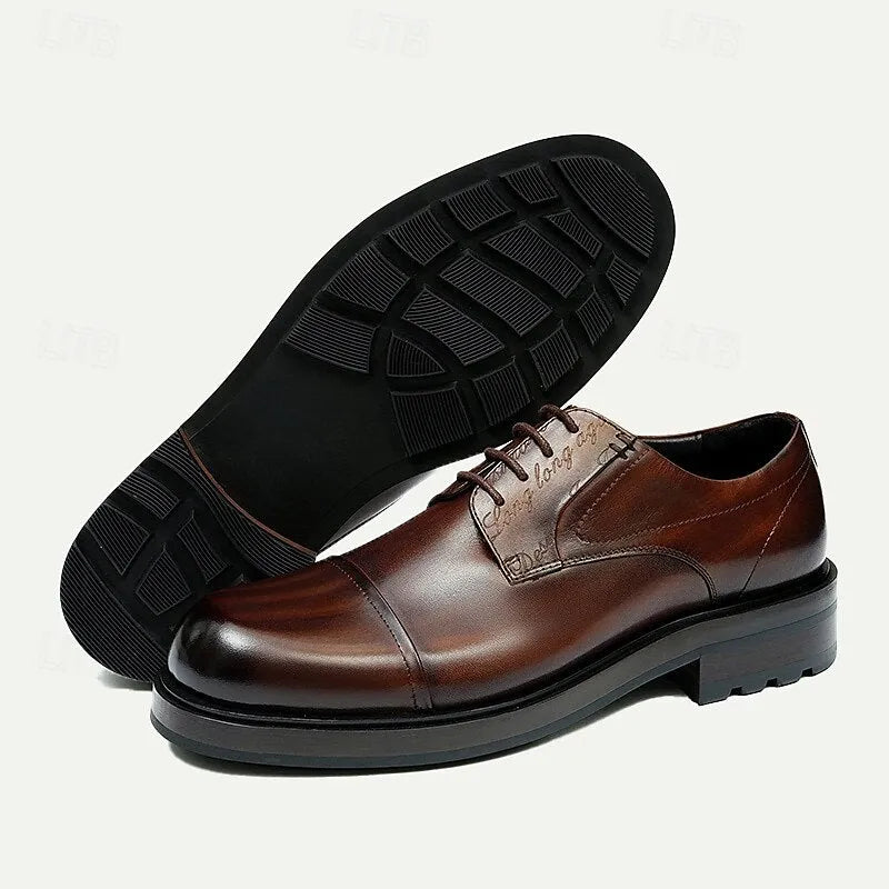 Men's Brown Leather Cap-Toe Oxford Shoes, Classic Dress Shoes with Subtle Engraved Details for Business and Formal Wear