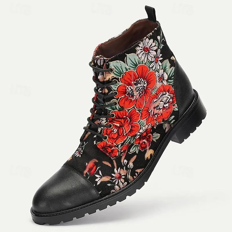 Men's Black Premium Cowhide Lace-Up Boots with Vibrant Red Floral Patterns and Rugged Sole