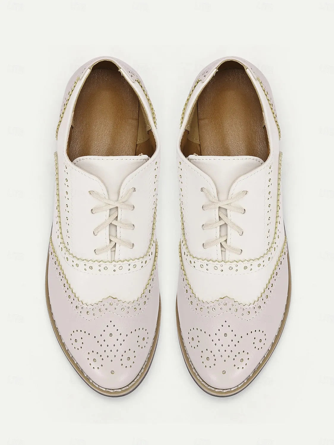 Women's Cream and White Faux Leather Brogue Oxford Shoes with Lace-Up Closure