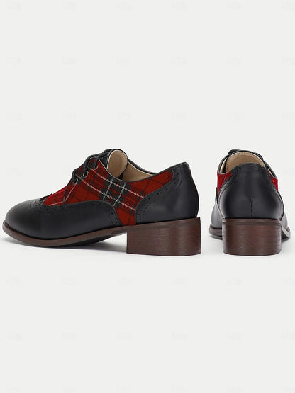 Women's Black Leather Oxford Shoes with Red Tartan Plaid Panels