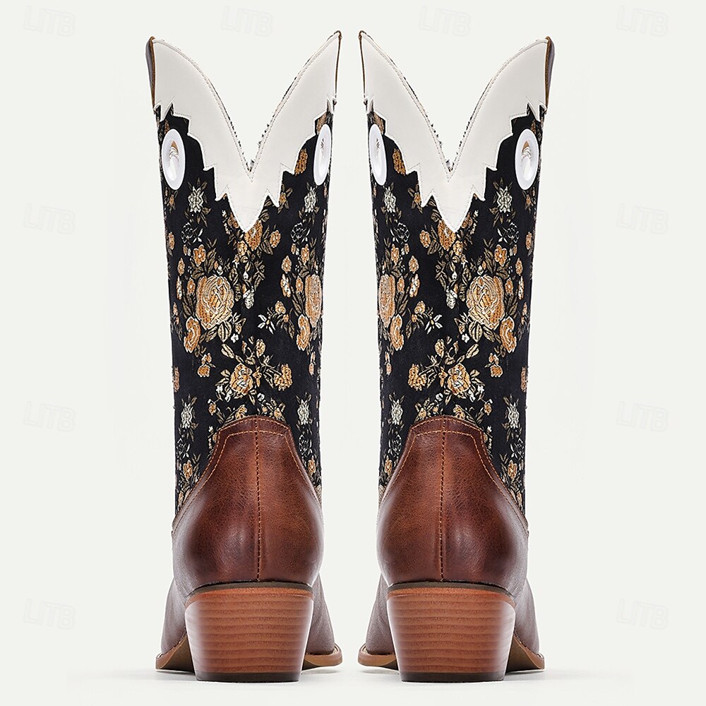 Men's Premium Cowhide and Jacquard Fabric Western Cowboy Boots with Gold Floral Embroidery-Vintage Style Boots for Ranch and Outdoor Wear