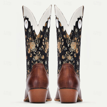 Men's Premium Cowhide and Jacquard Fabric Western Cowboy Boots with Gold Floral Embroidery-Vintage Style Boots for Ranch and Outdoor Wear