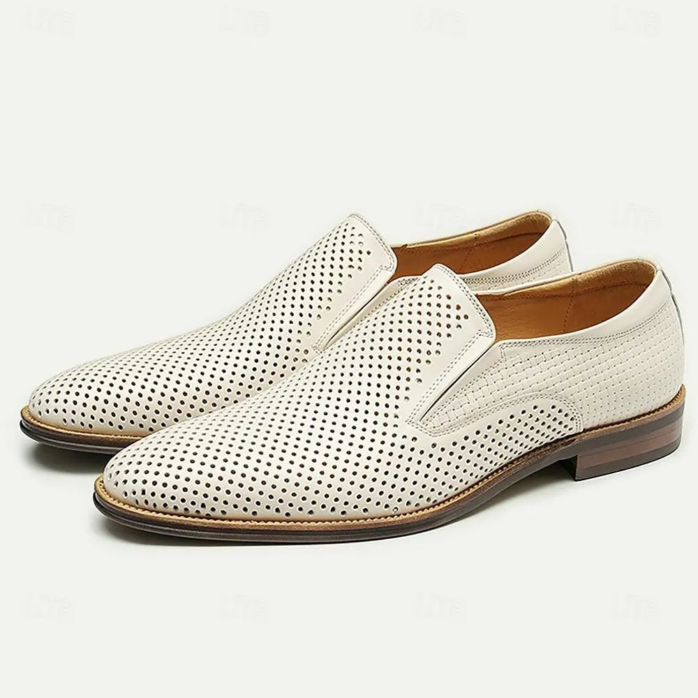 Men's White Perforated Leather Slip-On Loafers - Tokiyos