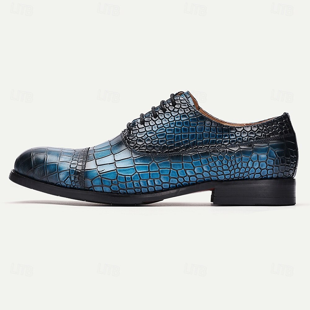 Men's Blue Crocodile Embossed Cowhide Leather Oxford Shoes-Elegant Lace-Up Dress Shoes for Formal Events and Business Wear