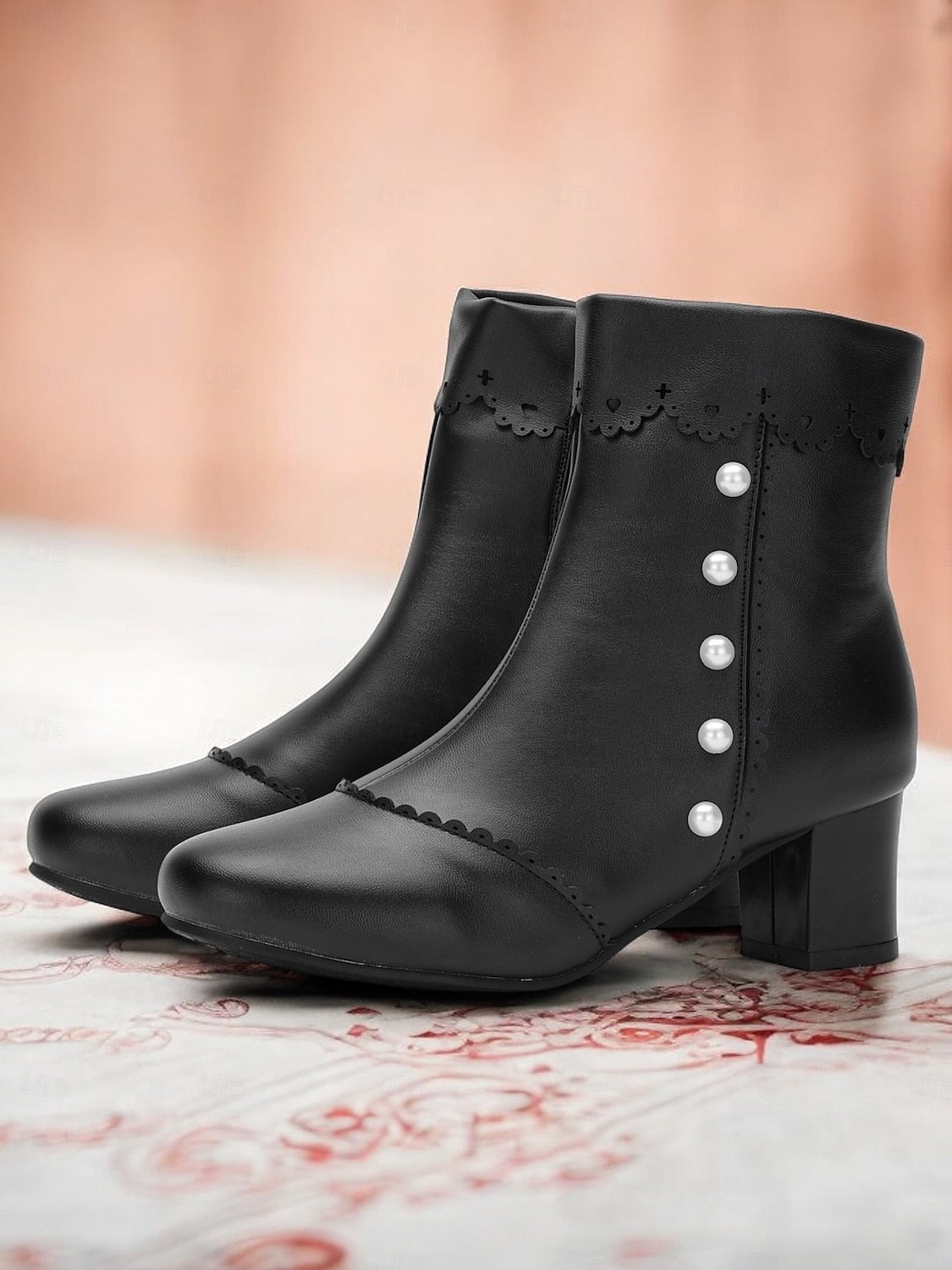 Women's Vintage Black Ankle Boots with Pearl Button Details