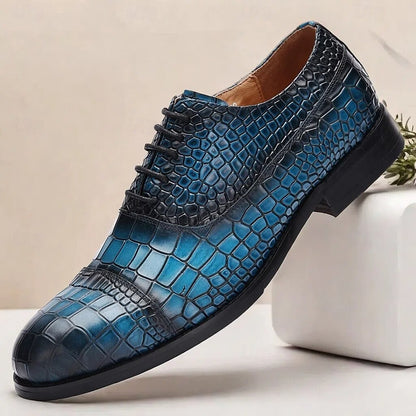 Men's Blue Crocodile Embossed Cowhide Leather Oxford Shoes-Elegant Lace-Up Dress Shoes for Formal Events and Business Wear