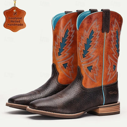 Men's Handmade Goodyear Welted Leather Western Cowboy Boots with Embroidered Design