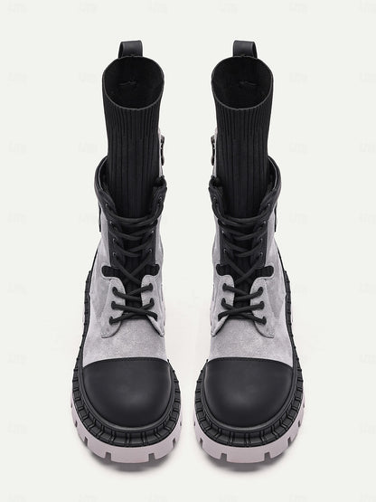 Women's Gray and Black Chunky Combat Boots with Knit Top and Side Zipper - Rugged Lace-Up Design for Outdoor and Streetwear