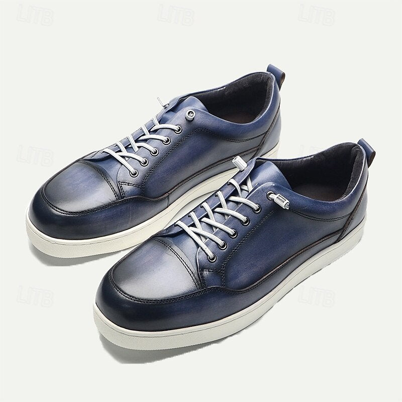 Men's Premium Cowhide Leather Casual Sneakers with Lace-Up Design and White Sole