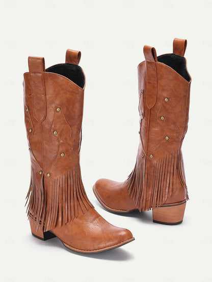 Women's Brown Faux Leather Western Cowboy Boots with Fringe Detail