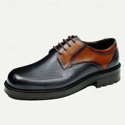 Men's Black and Brown Leather Oxford Shoes with Brogue Detailing, Classic Two-Tone Dress Shoes for Formal and Business Wear