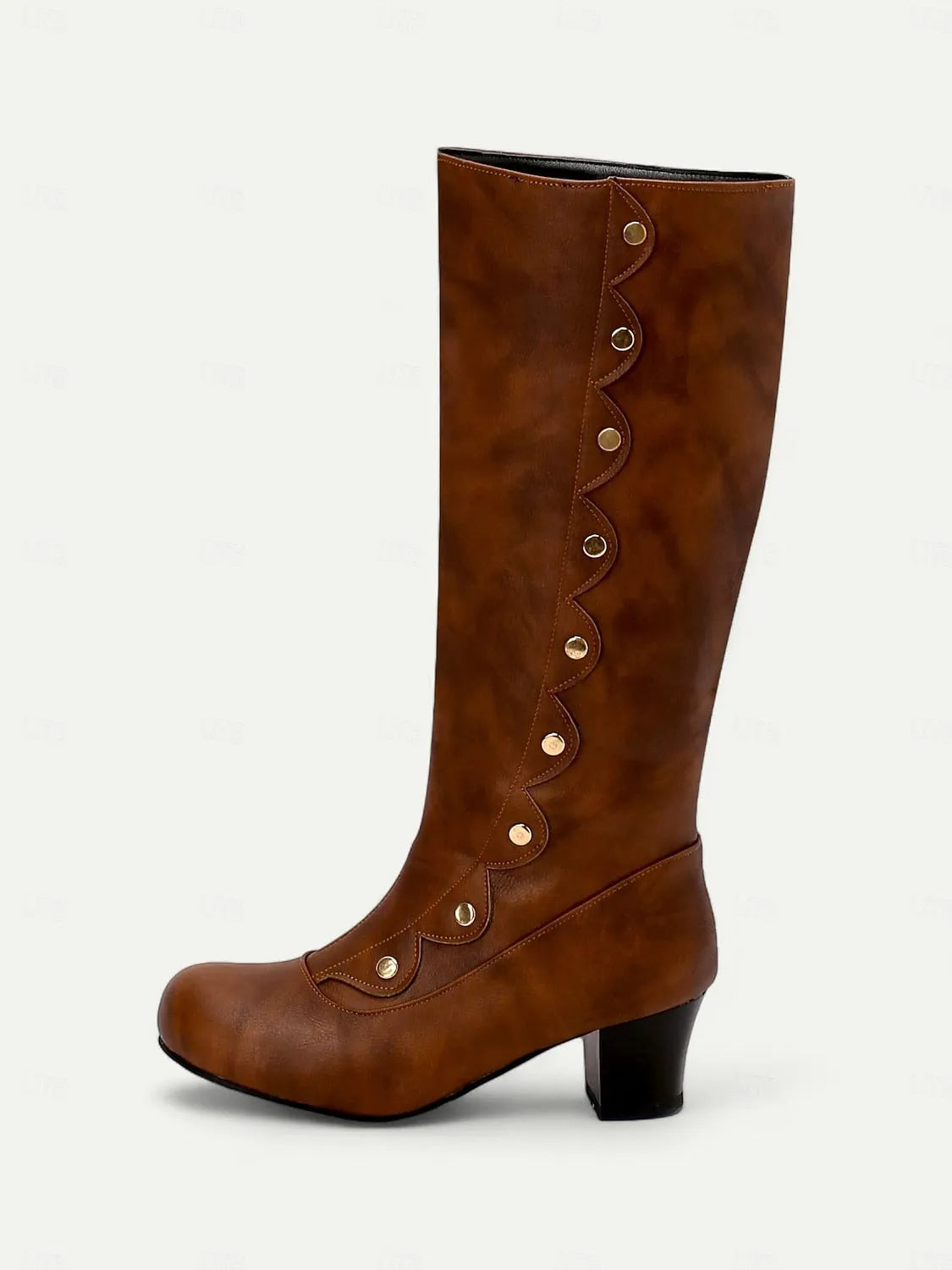 Vintage-Style Black Knee-High Boots with Decorative Buttons and Block Heels for Women