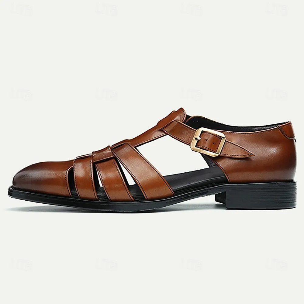 Men's Brown Leather Roman Sandals Buckle Strap Fisherman Style - Tokiyos