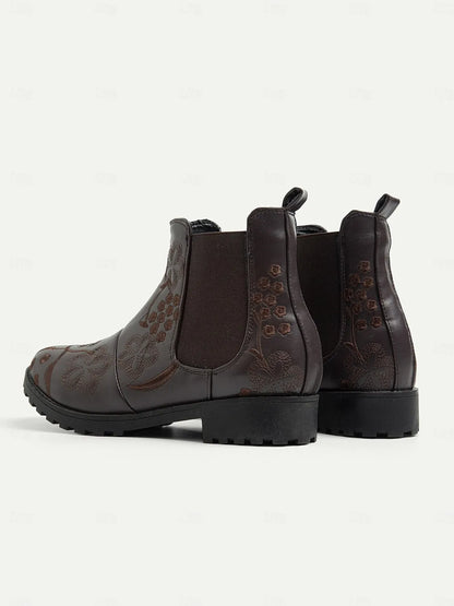 Women's Brown Chelsea Boots with Floral Embroidery and Rugged Sole