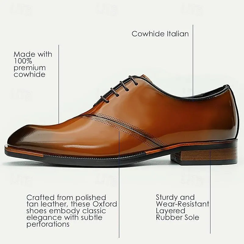 Men's Brown Leather Oxford Dress Shoes Polished Cap Toe - Tokiyos