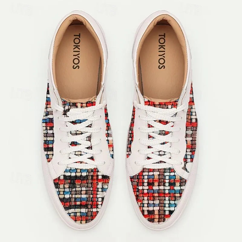 Men's White Leather Sneakers with Multicolor Woven Pattern - Stylish Casual Shoes - Tokiyos