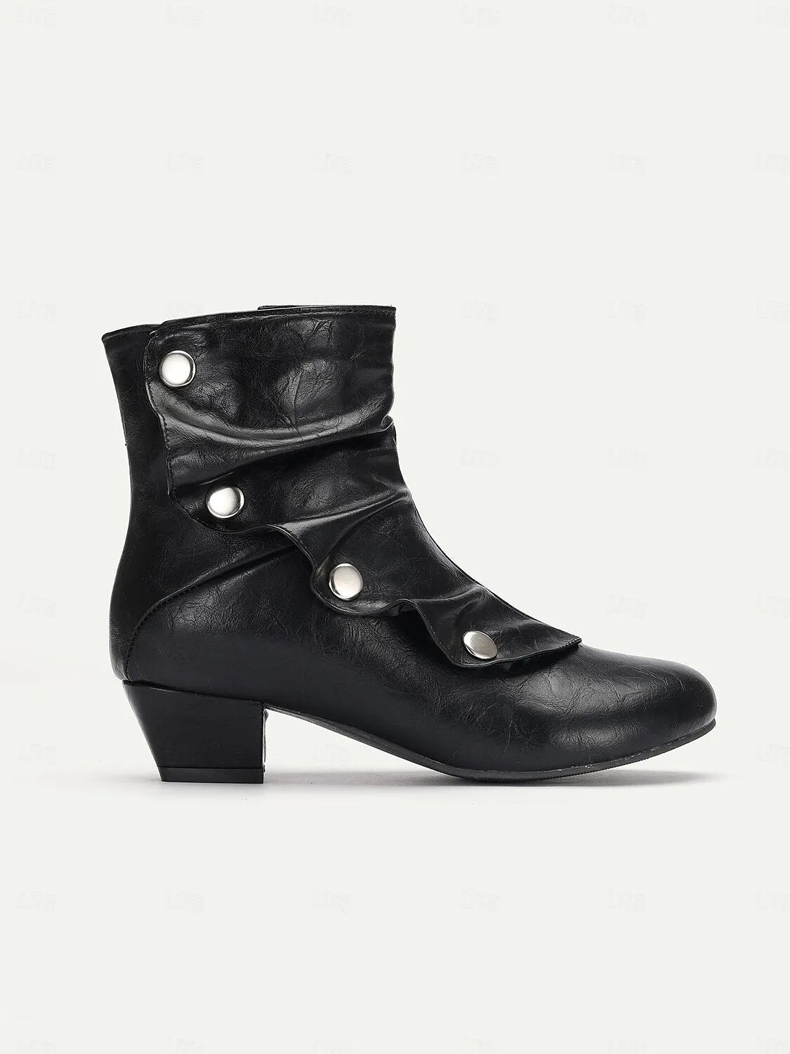 Women's Black Faux Leather Mid-Calf Boots with Button Details and Low Heel