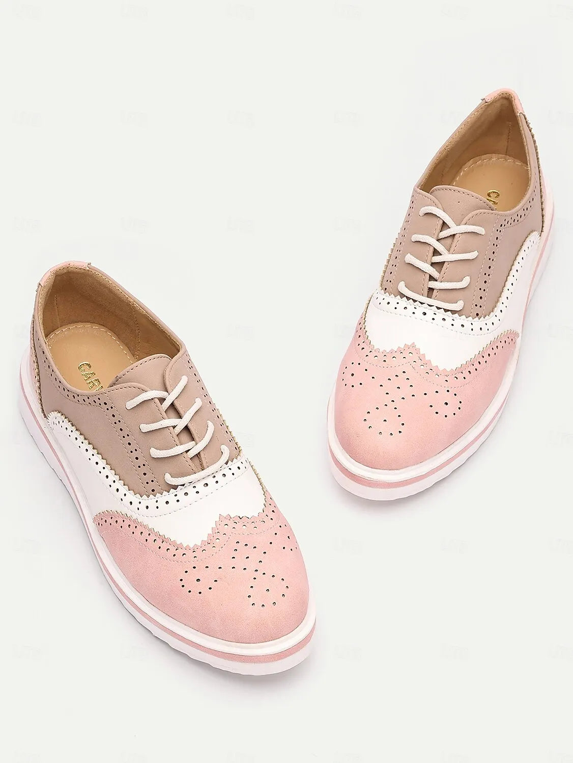 Women's Pink and Beige Brogue Oxford Sneakers, Lace-Up Casual Shoes with Wingtip Detailing for Everyday Wear