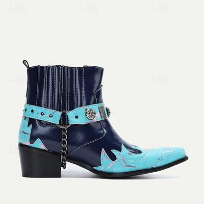 Men's Blue and Turquoise Leather Motorcycle Boots