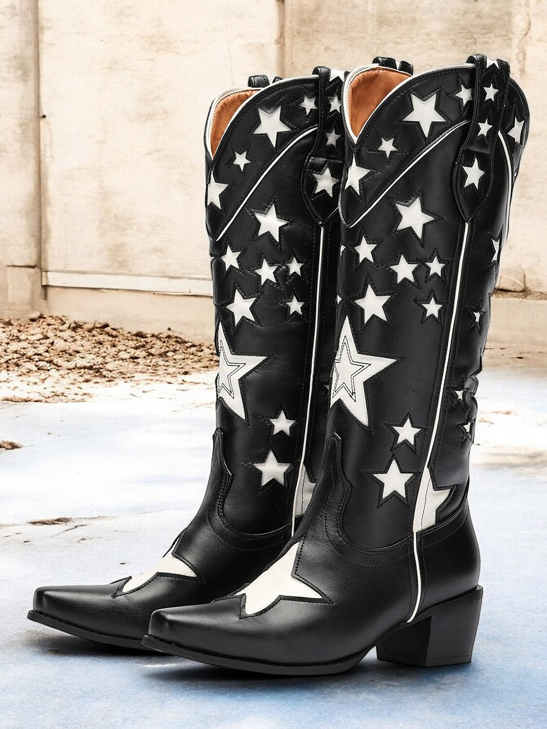 Women's Black Star-Patterned Western Cowboy Boots with White Contrast Embellishments – Stylish Faux Leather Boots for Rodeo, Country, and Casual Wear