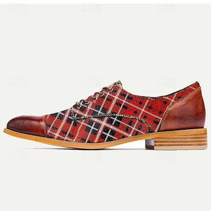 Men's Premium Cowhide Red Plaid Dress Shoes with Brown Accents