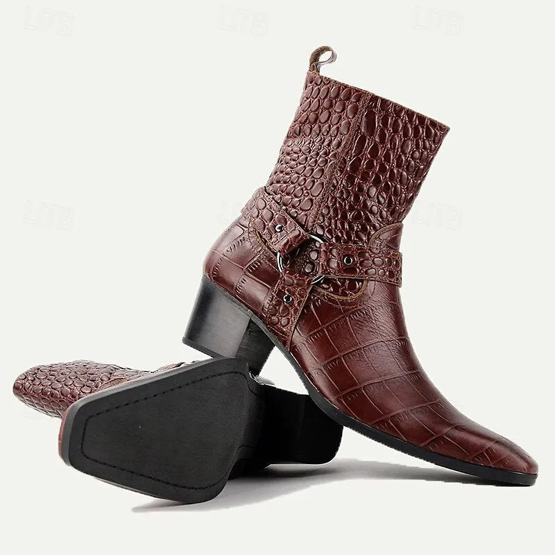 Men's Handmade Goodyear Welted Crocodile Embossed Leather Motorcycle Boots with Buckle Detail and Mid Heel - Vintage Style