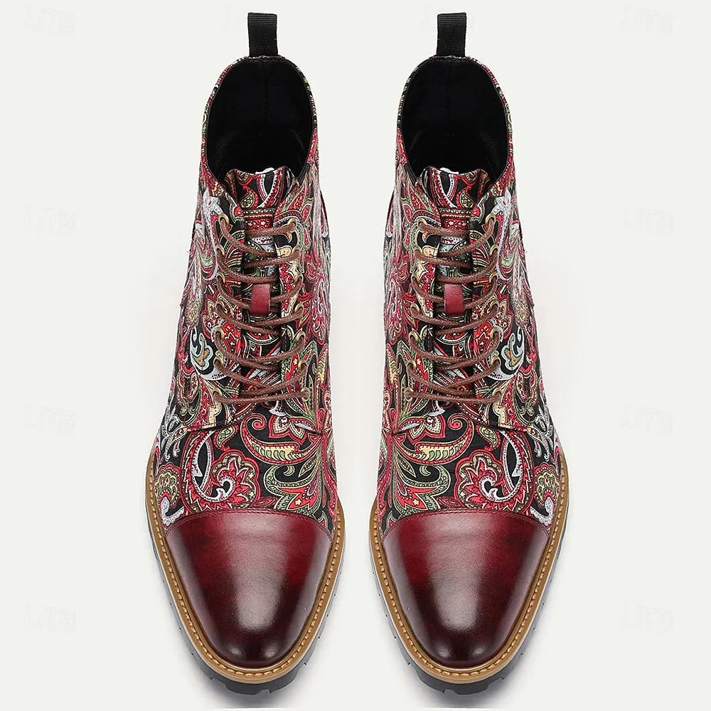 Men's Premium Leather Floral Oxford Boots Vintage Paisley Design