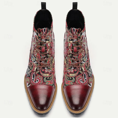 Men's Premium Leather Floral Oxford Boots Vintage Paisley Design