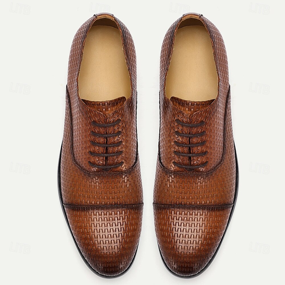 Men's Woven Pattern Brown Leather Oxford Shoes-Premium Cowhide Lace-Up Formal Shoes for Business and Special Occasions