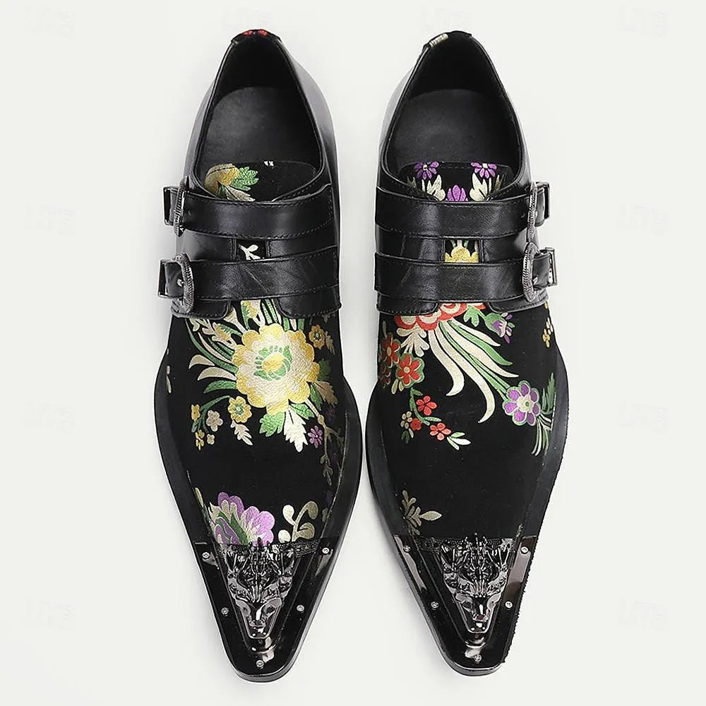 Men's Black Leather Dress Shoes with Floral Embroidery and Metal Buckles - Elegant Formal Footwear - Tokiyos