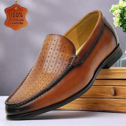 Men's Brown Perforated Leather Loafers - Tokiyos