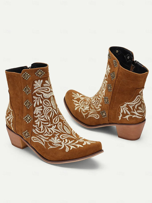 Women's Brown Embroidered Western Ankle Boots with Studded Details - Perfect for Casual Outings and Rodeo Events