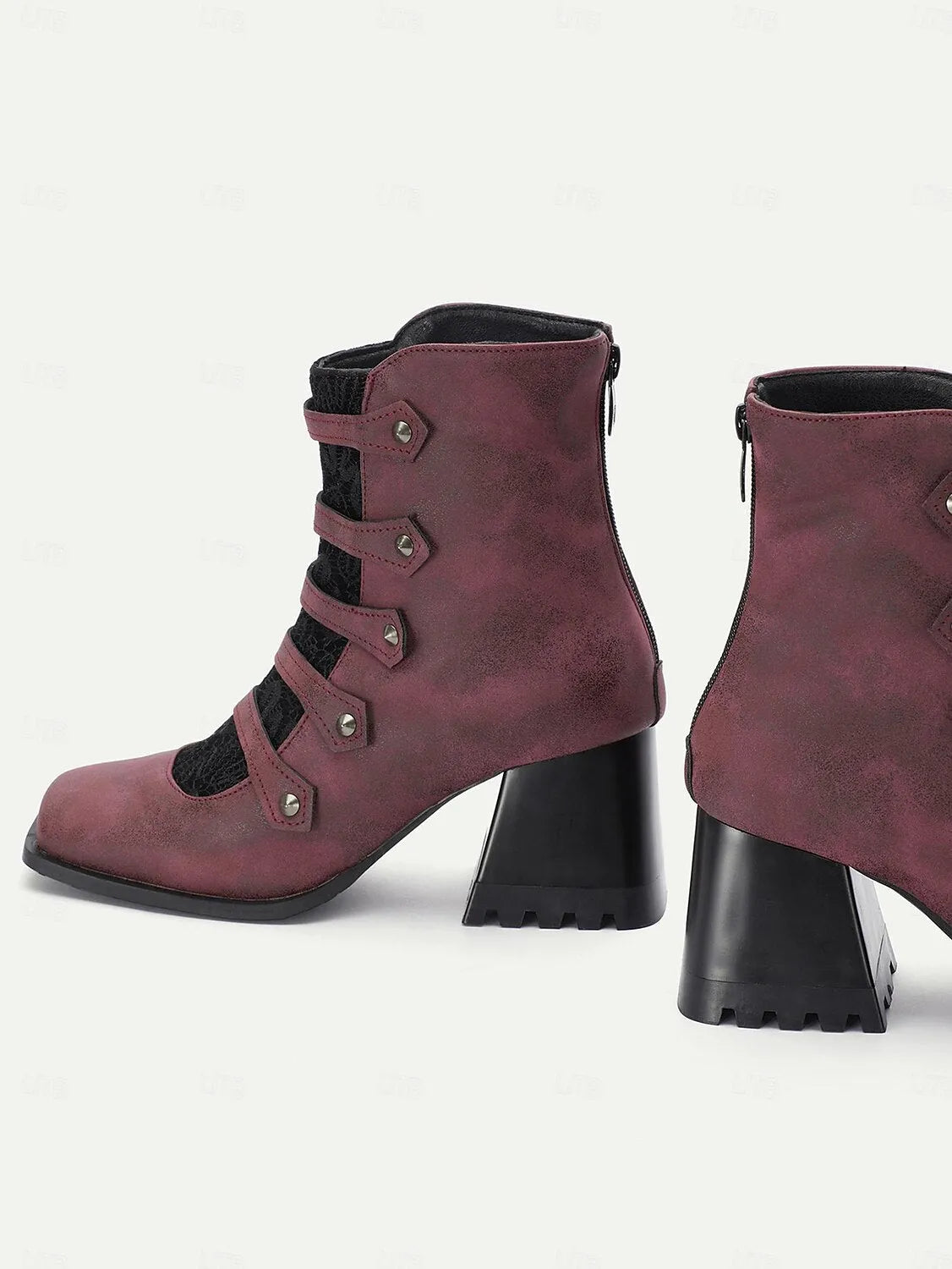 Women's Gothic Burgundy Ankle Boots with Straps and Lace Panel