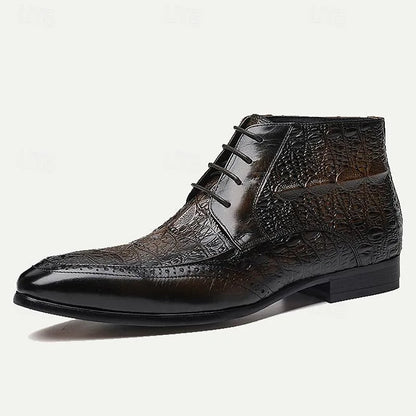 Men's Premium Cowhide Dress Shoes with Embossed Crocodile Pattern and Black Accents