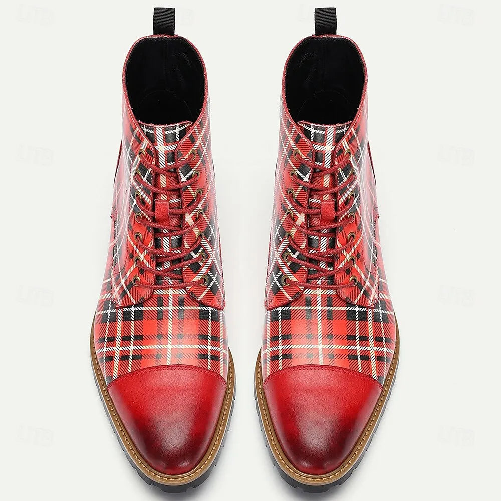 Men's Premium Cowhide Tartan Plaid Ankle Boots - Vintage Lace-Up Leather Boots with Rugged Sole for Casual and Formal Wear