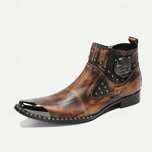 Men's Premium Cowhide Leather Motorcycle Boots with Studded Design, Brown Gradient Finish, and Metallic Detailing - Perfect for Biker Style and Casual Outfits