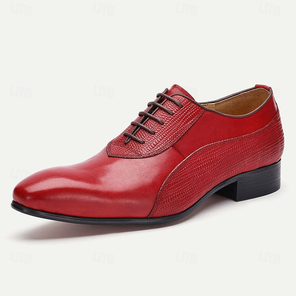 Men's Red Premium Cowhide Oxford Shoes-Classic Lace-Up Formal Leather Dress Shoes with Textured Details for Special Occasions