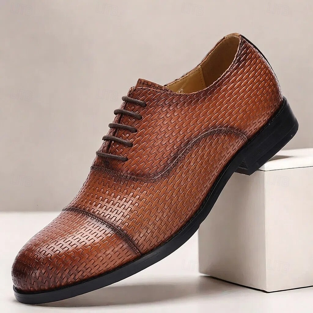 Men's Woven Pattern Brown Leather Oxford Shoes-Premium Cowhide Lace-Up Formal Shoes for Business and Special Occasions