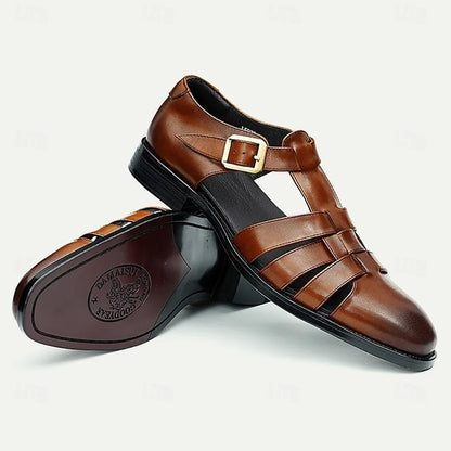 Men's Brown Leather Roman Sandals Buckle Strap Fisherman Style - Tokiyos