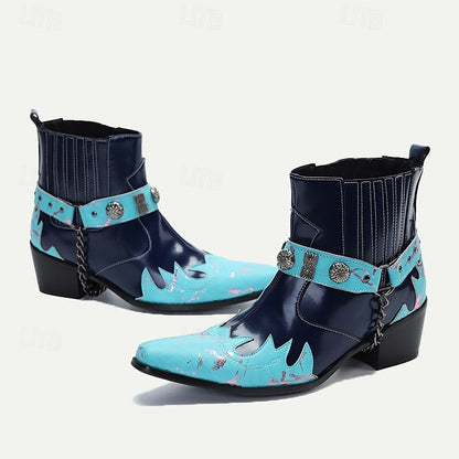 Men's Blue and Turquoise Leather Motorcycle Boots