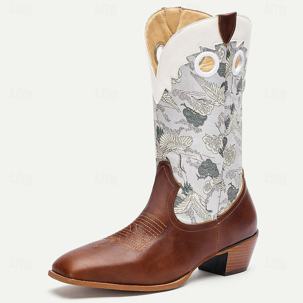 Men's Premium Cowhide Western Cowboy Boots with Embroidered Crane Pattern-Vintage Style Boots for Ranch and Outdoor Wear