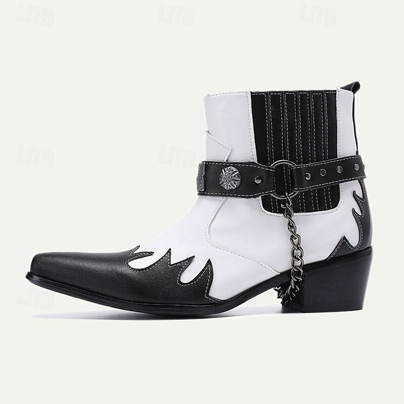 Men's Premium Cowhide Black and White Motorcycle Boots with Studded Strap, Chain Detail, and Western Style - Perfect for Riding and Casual Wear