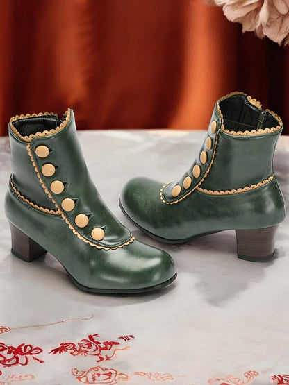 Victorian Vintage Green Leather Ankle Boots for Women -Retro Button Design with Scalloped Trim, Perfect for Fall Fashion